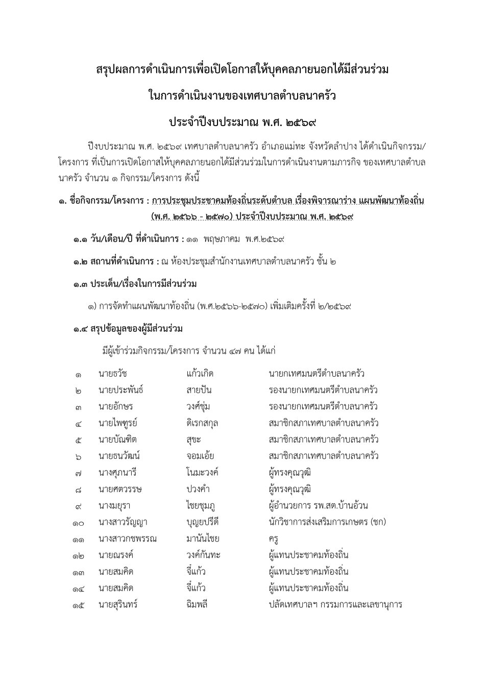สรุปผลการดำเนินการเพื่อเปิดโอกาสให้บุคคลภายนอกได้มีส่วนร่วม ในการดำเนินงานของเทศบาลตำบลนาครัว ประจำปีงบประมาณ พ.ศ. 2569